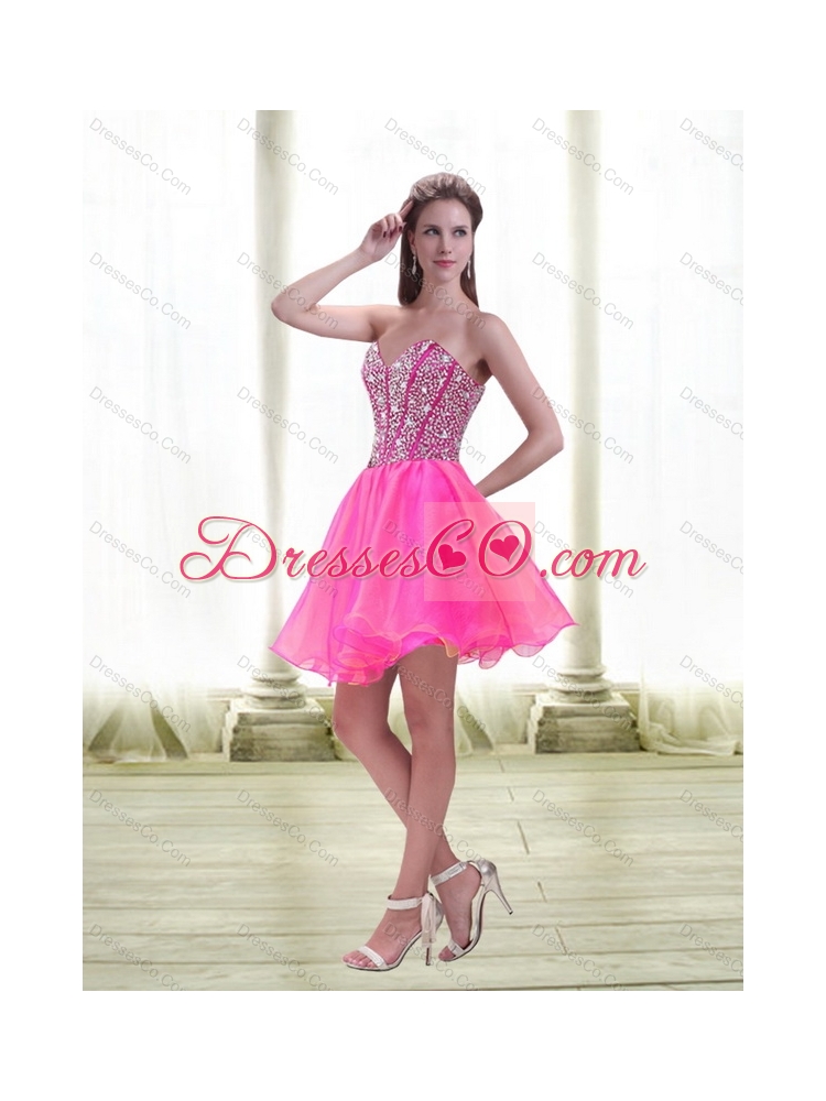 New Style  A Line Mini Length Hot Pink Prom Dress with Beading