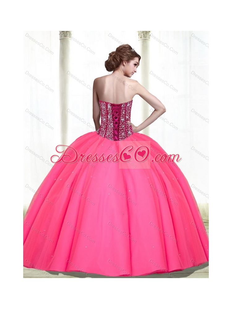 Modest Beading Tulle Hot Pink Quinceanera Dresses