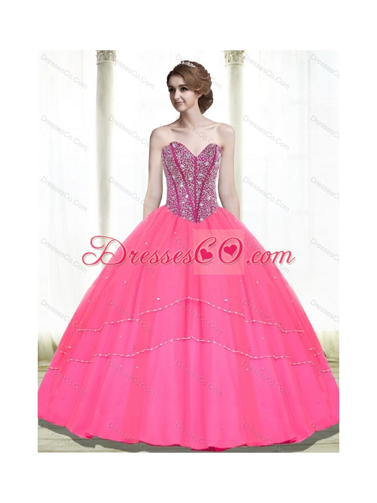 Popular Ball Gown Beading Hot Pink Quinceanera Dresses