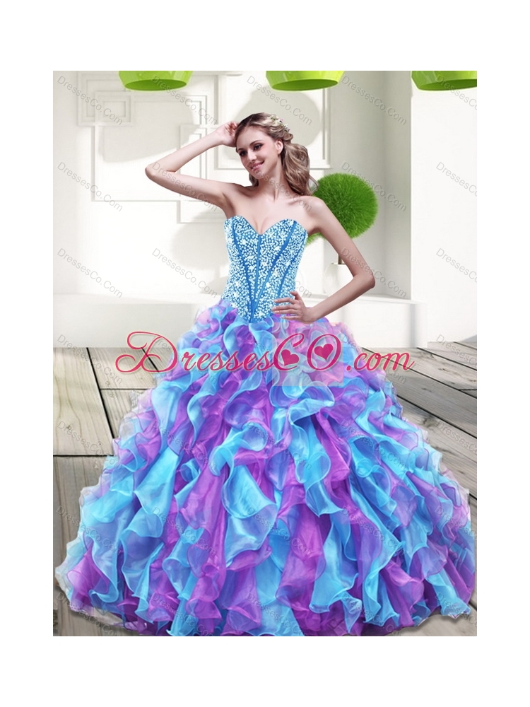 Beautiful Multi Color Quinceanera Dress with Beading and Ruffles