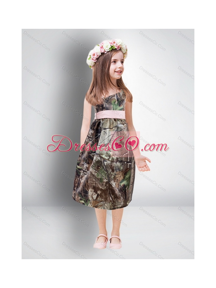 Cheap One Shoulder Tea Length Camo Flower Girl Dresses