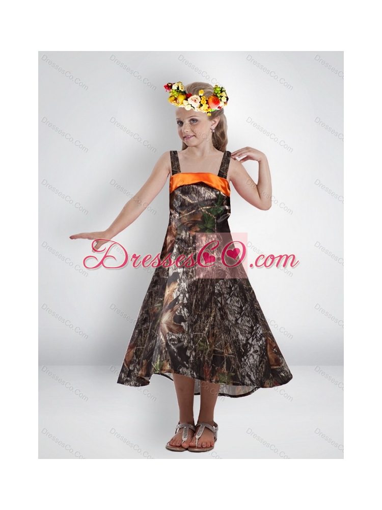 Elegant High Low Straps Camo Flower Girl Dress with Sashes