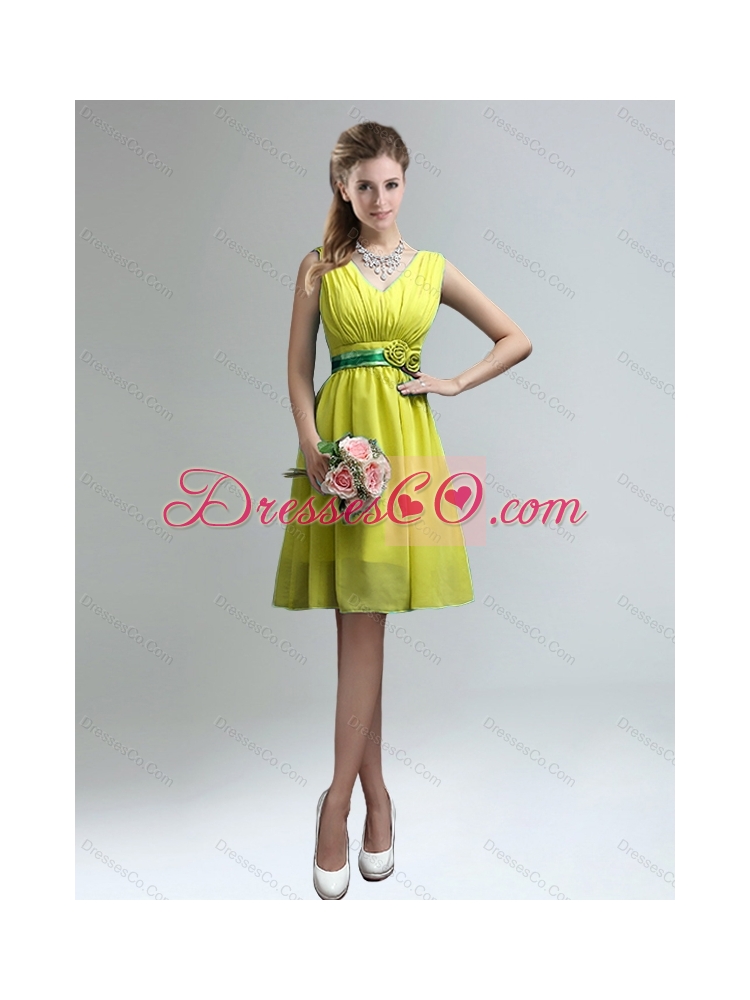 Elegant  Summer V-neck Ruched Dama Dress with Belt for Sale