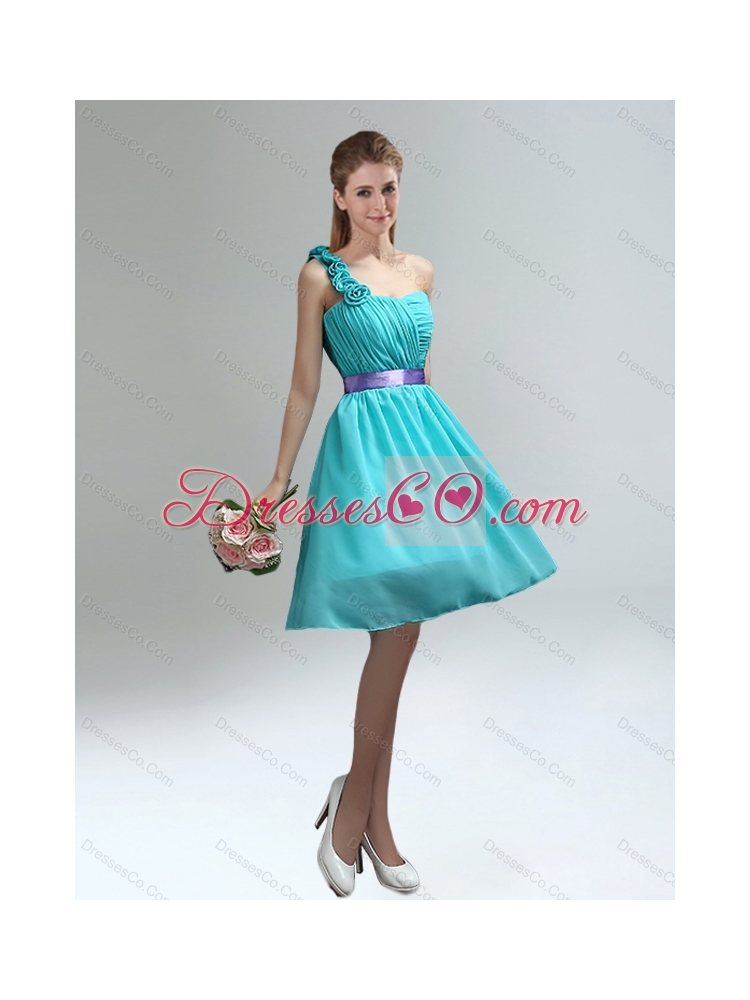 New Style  Summer One Shoulder Ruches Teal Dama Dress with Belt