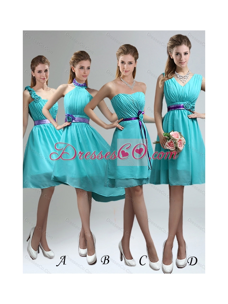 New Style  Summer One Shoulder Ruches Teal Dama Dress with Belt