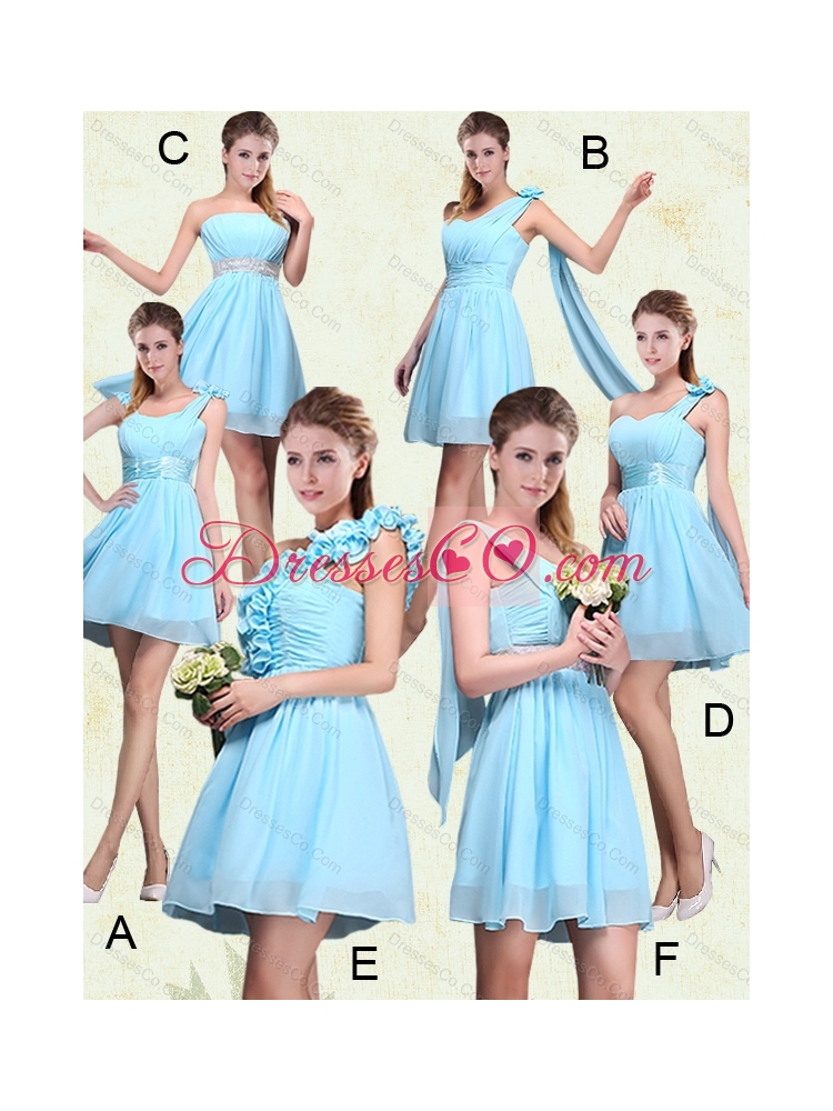 Summer Elegant Ruching Chiffon Aqua Blue Dama Dress with Mini Length