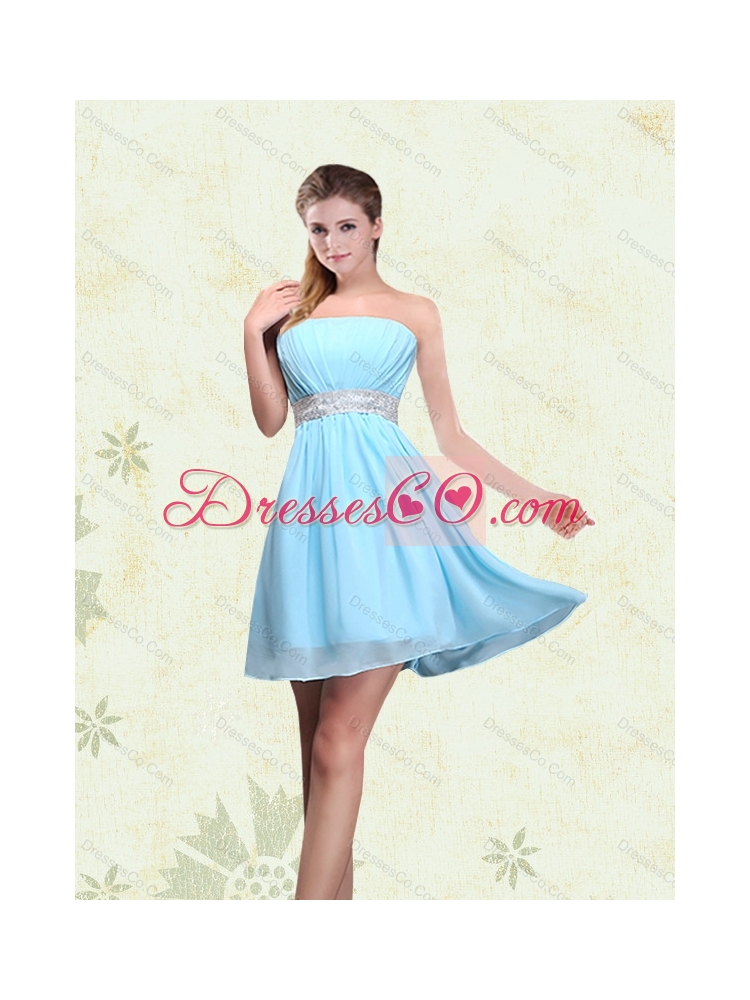 Summer Elegant Ruching Chiffon Aqua Blue Dama Dress with Mini Length