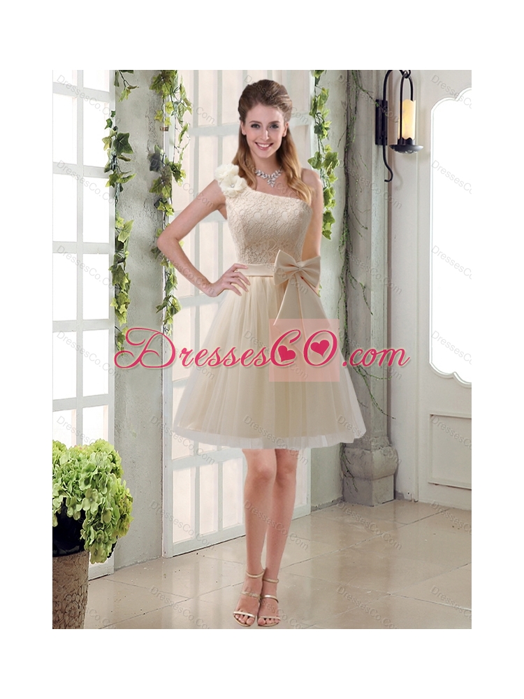 Fall Princess One Shoulder Bowknot Lace Luxurious Dama Dress in Champagne
