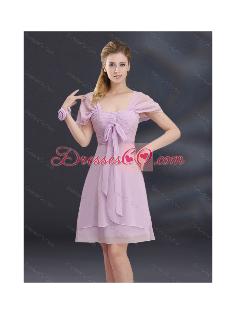 Summer A Line Square Ruhing Pretty Dama Dress with Cap Sleeves