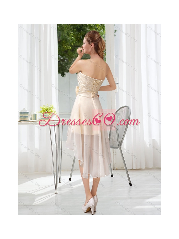 Summer Luxurious Strapless A Line Dama Dress with Belt and Lace