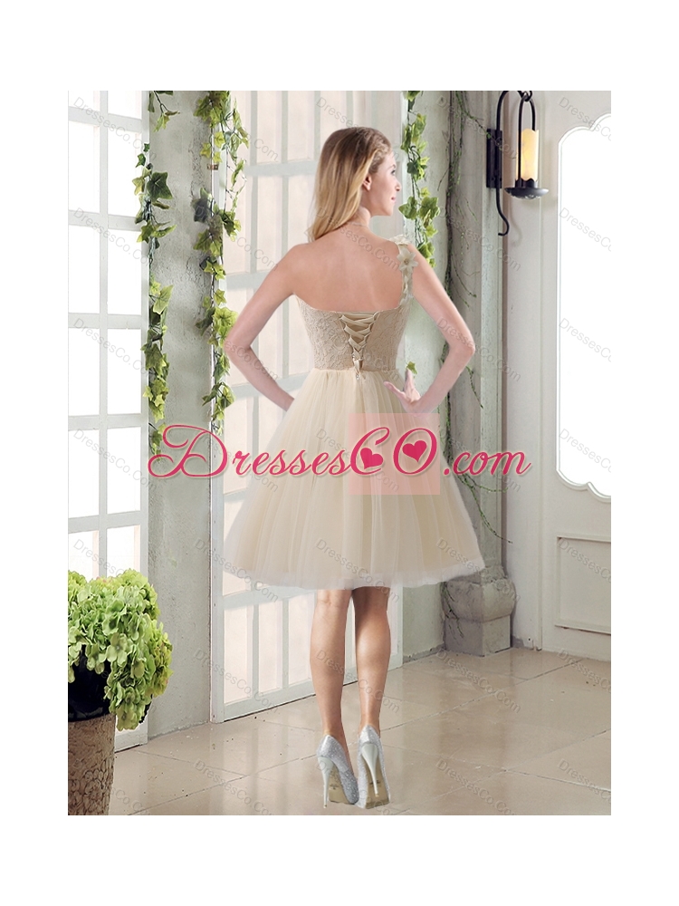 Champagne Ruched Handmade Flowers One Shoulder  Summer Beautiful Dama Dresses