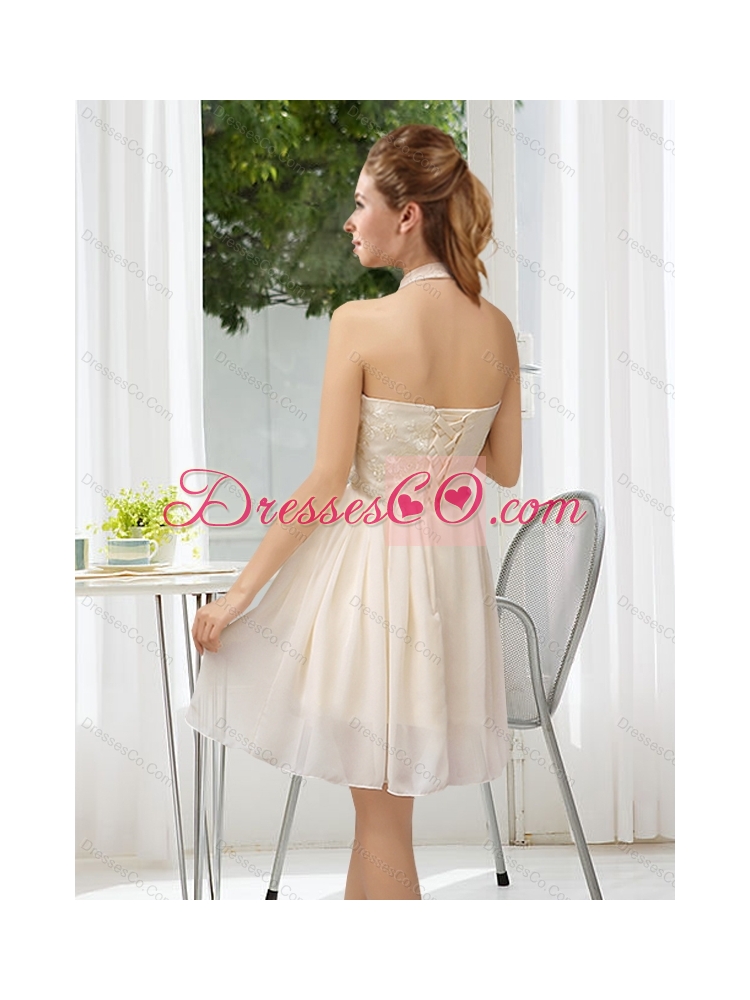Halter Appliques Lace Up Perfect  Summer Dama Dress in Champagne