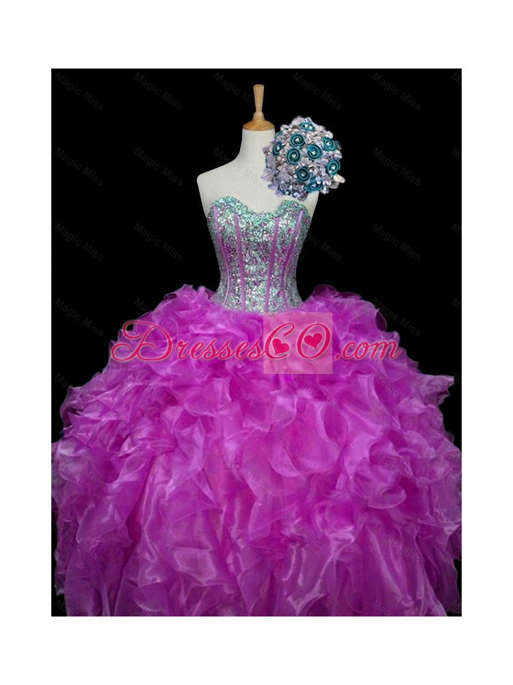 Perfect Ball Gown Fuchsia Quinceanera Dress with Sequins and Ruffles