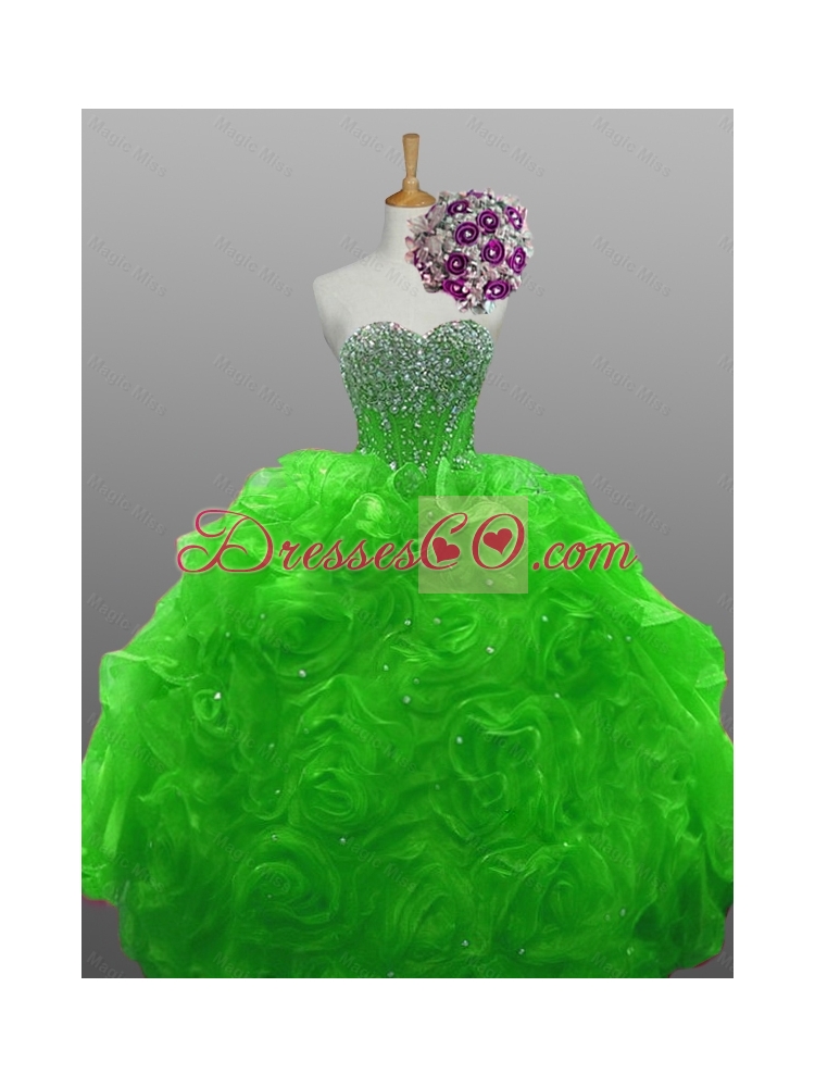 Quinceanera Dress with Beading and Rolling Flowers