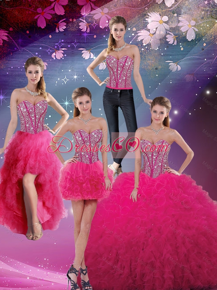 Pretty Beaded and Ruffles Detachable Quinceanera Skirts in Hot Pink