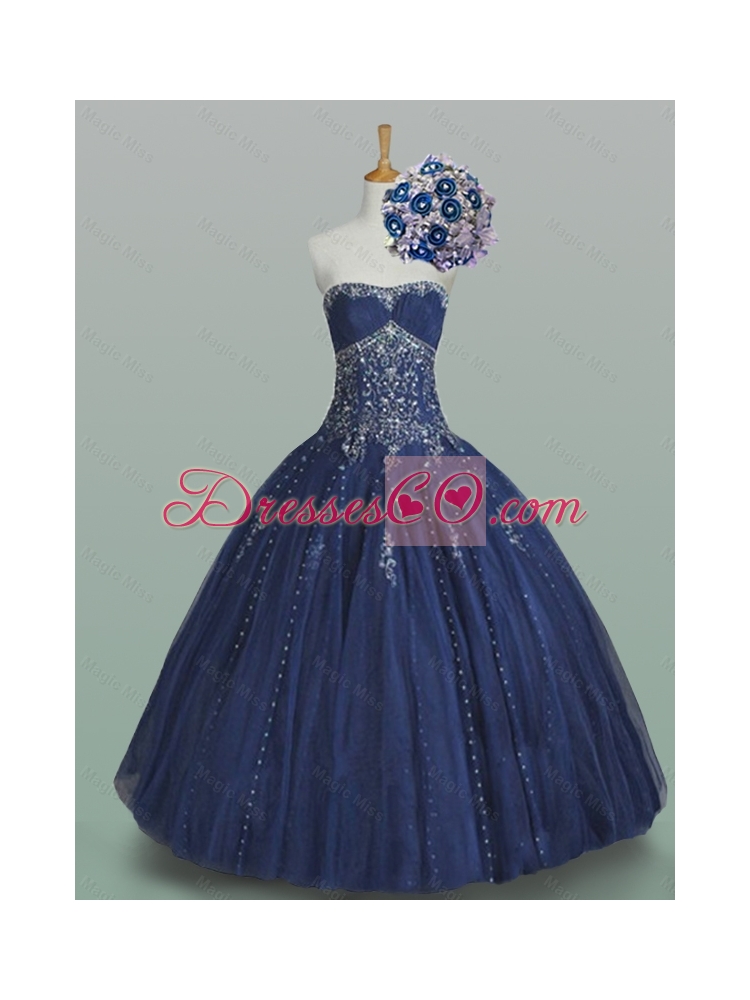 Elegant Ball Gown Strapless Beaded Quinceanera Dress in Navy Blue