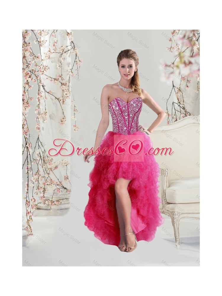Elegant High Low Beaded and Ruffles Dama Dress in Hot Pink