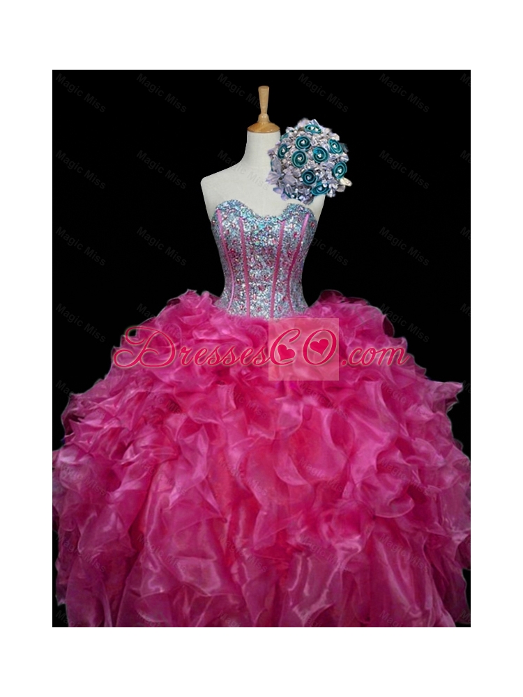Perfect Hot Pink Quinceanera Dress with Sequins and Ruffles