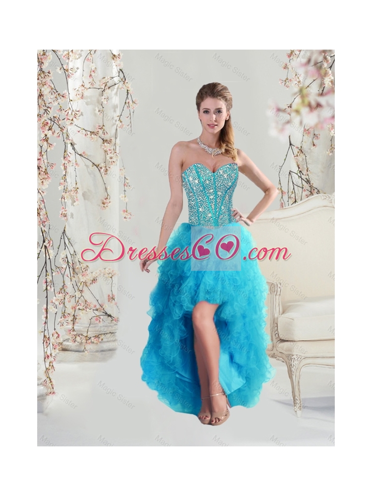 Beautiful Beaded and Ruffles Turquoise Dama DressHigh Low