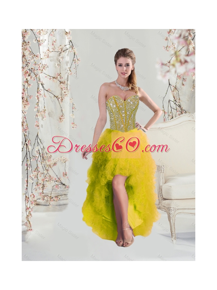 Classical High Low Yellow Prom Dress with Beading and Ruffles
