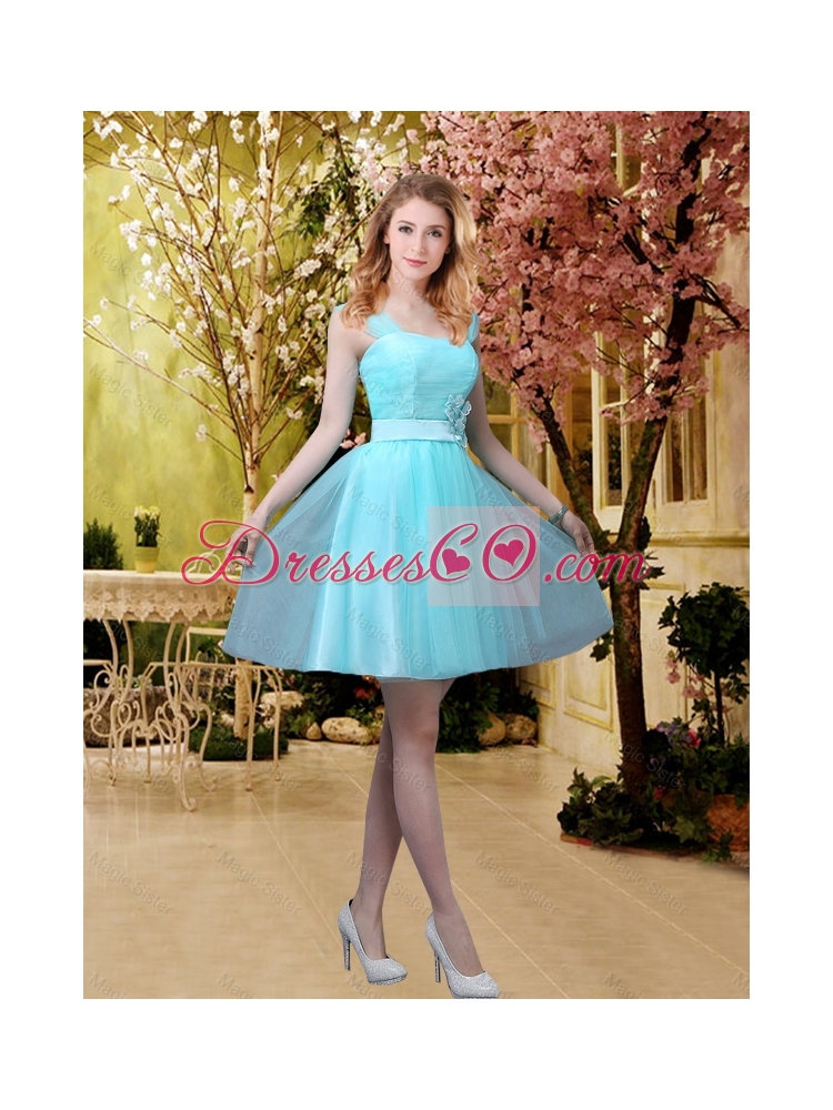 Elegant A Line Laced Bridesmaid Dress with Belt in Aqua Blue Color