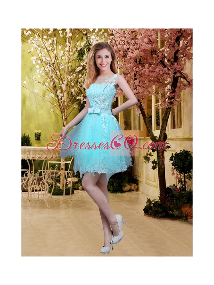 Elegant A Line Laced Bridesmaid Dress with Belt in Aqua Blue Color