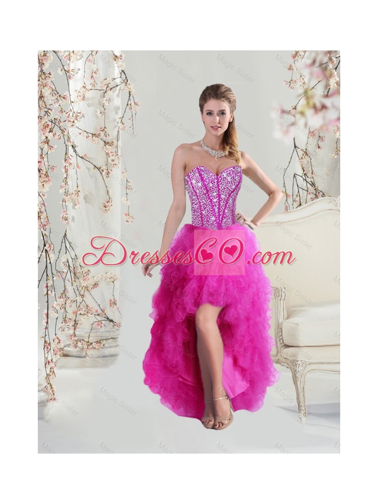 Inexpensive High Low Fuchsia Prom Dress with Beading and Ruffles
