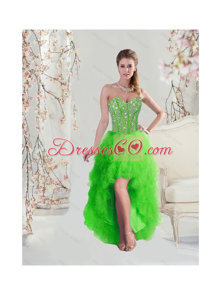 Inexpensive High Low Spring Green Prom Dress with Beading