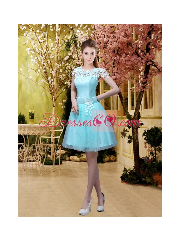 Luxurious A Line Belt and Appliques Prom Dress with Cap Sleeves
