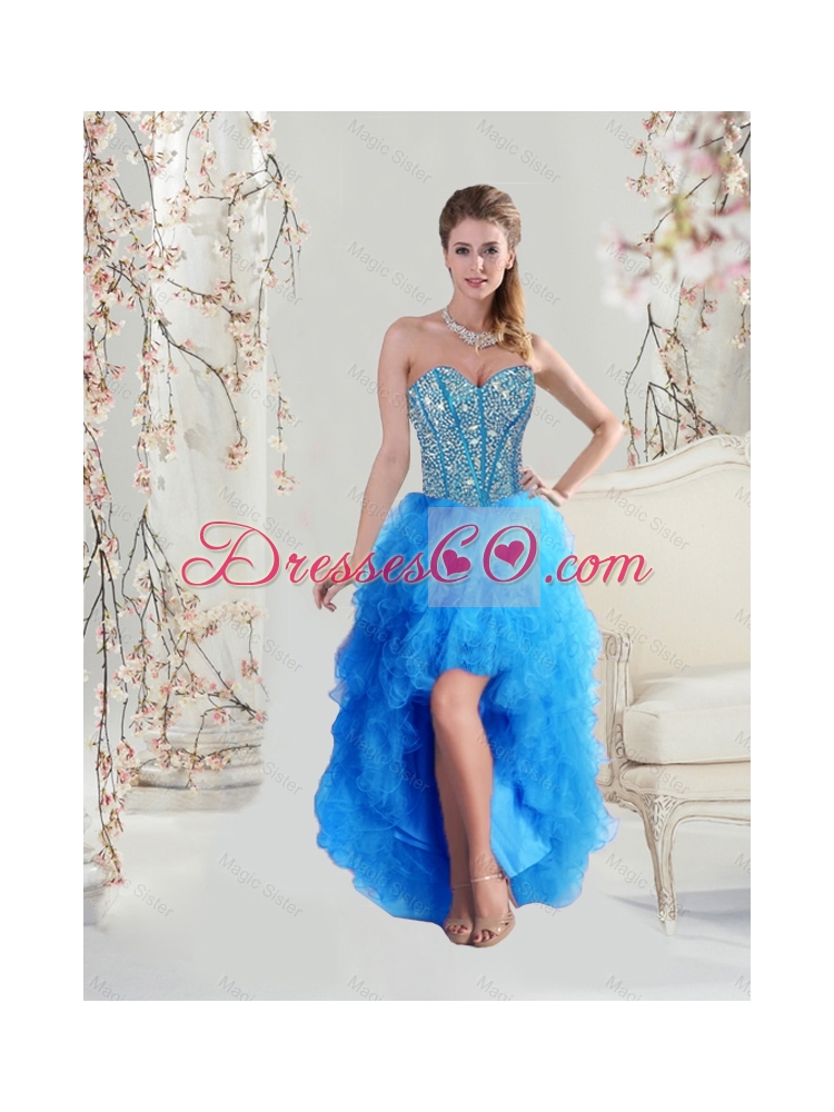 Sophisticated High Low and Beaded Teal Prom Dresses