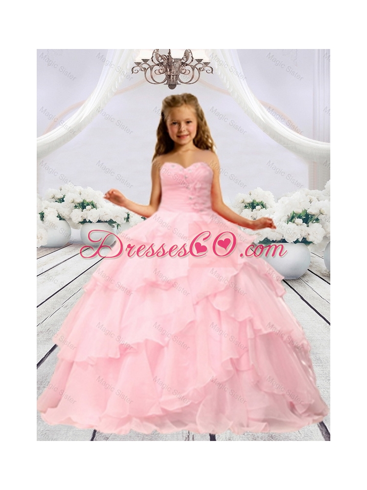 Summer Discount Baby Pink Beaded Decorats Little Girl Pageant Dress with Layers
