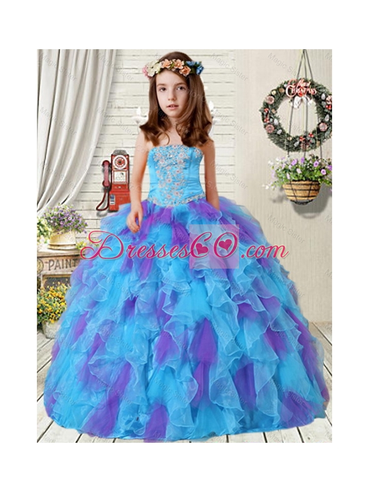 Summer New Style Appliques Little Girl Pageant Dress with Ruffles in Purple and Blue