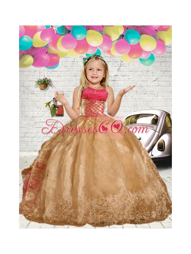 Summer Popular Gold Embroidery Little Girl Pageant Dress with Ruffles