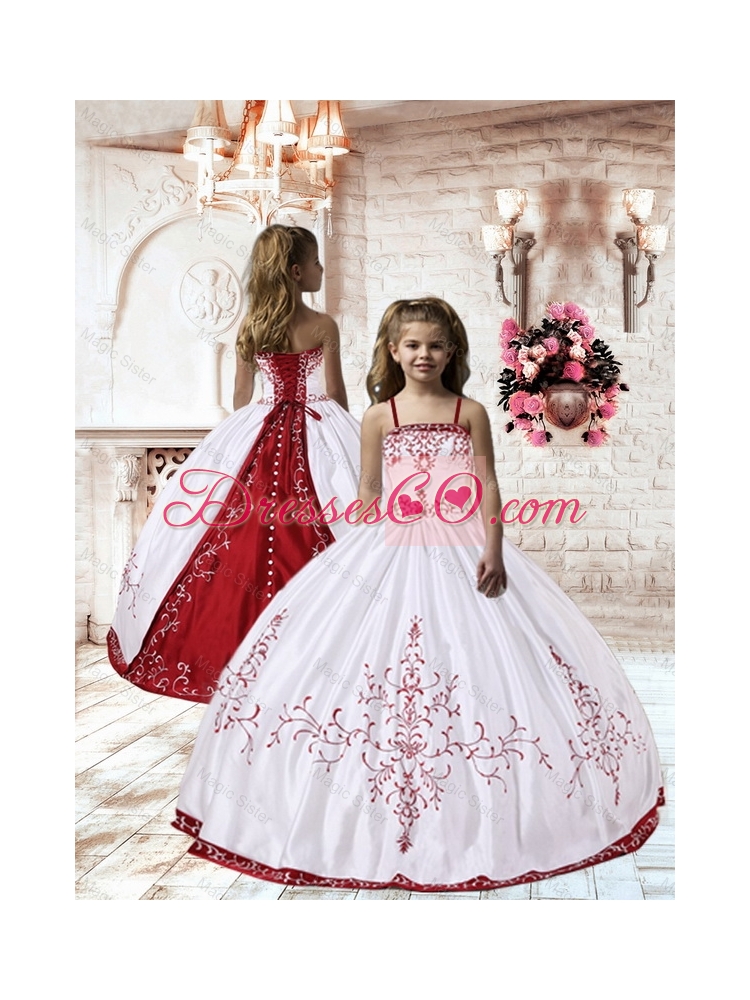 Summer Popular Spaghetti Straps White Satin Little Girl Pageant Dress with Embroidery