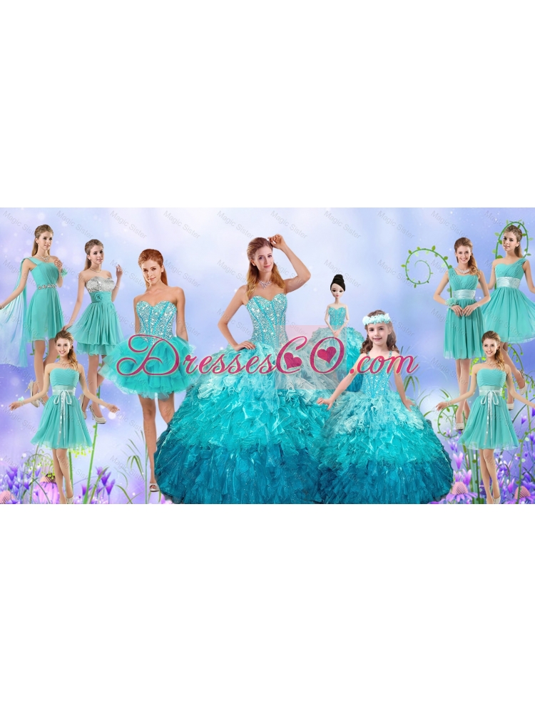 Popular Beaded Quinceanera Gown and Aqua Blue Dama Dressand Pretty Multi Color Little Girl Dressand Perfect Orange Prom Dresses