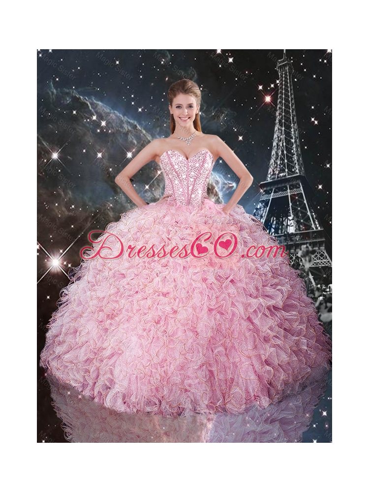 Winter Perfect Ball Gown Pink Quinceanera Dress with Ruffles and Beading