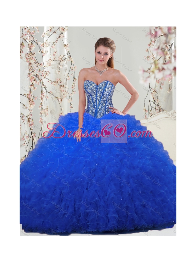 Spring Pretty Beaded and Ruffles Royal Blue Detachable Quinceanera Dresses
