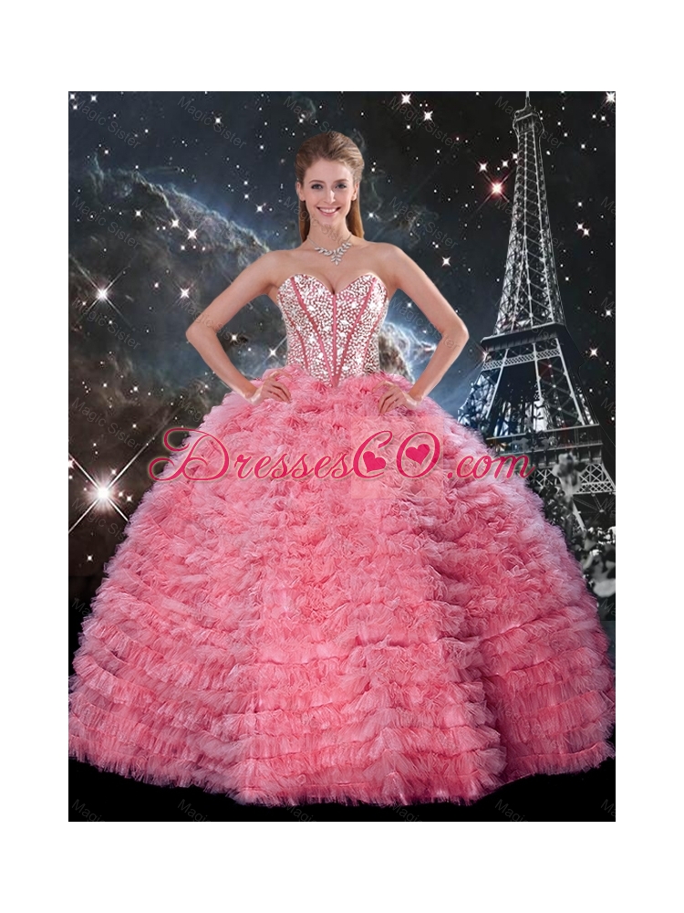 Luxurious Fall Ball Gown Beaded Rose Pink Quinceanera Dress with Ruffles