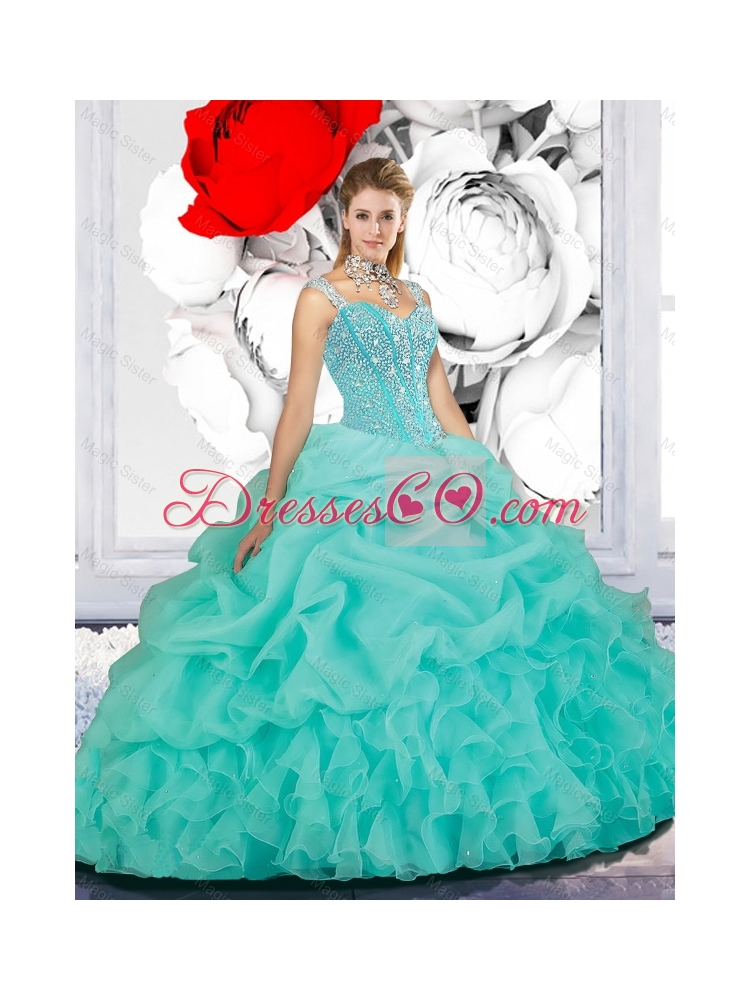 Luxurious Fall Beaded Ball Gown Straps Quinceanera Dress in Turquoise