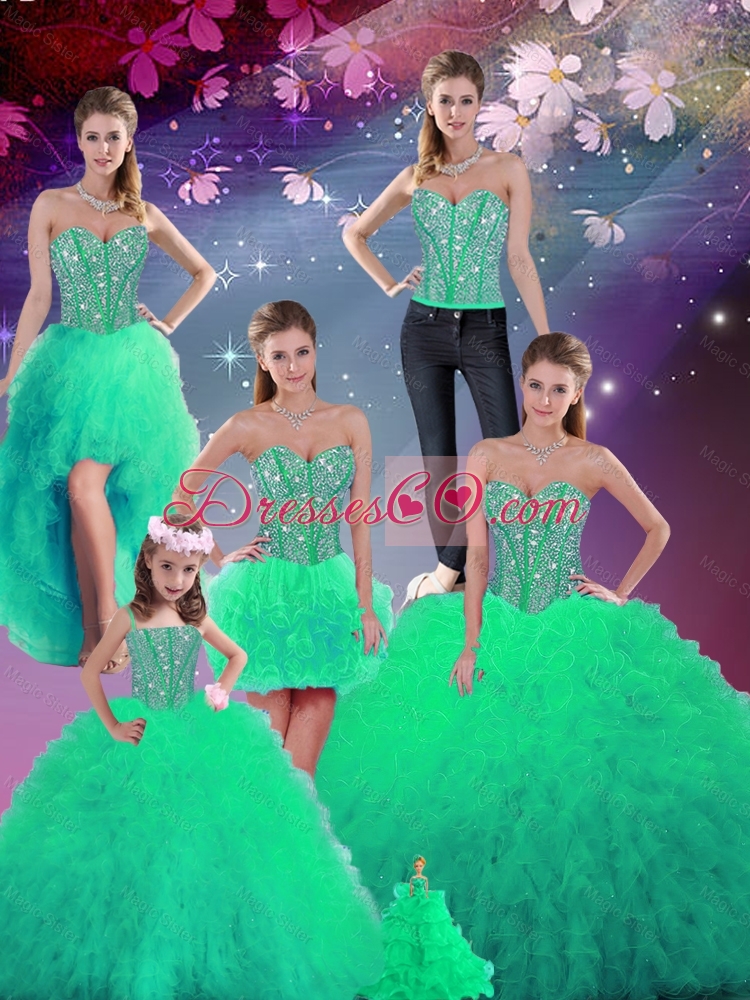 Luxurious Fall Beaded and Ruffles Detachable Quinceanera Dress in Turquoise