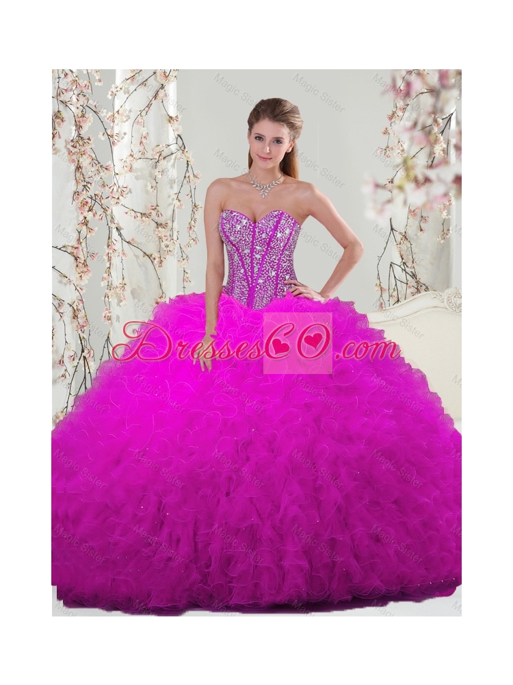Fall Detachable Fuchsia Quinceanera Dress with Beading and Ruffles