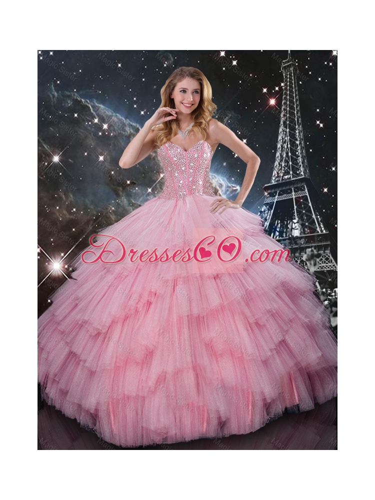 Summer Popular Beaded Ball Gown Pink Quinceanera Dress with Floor Length