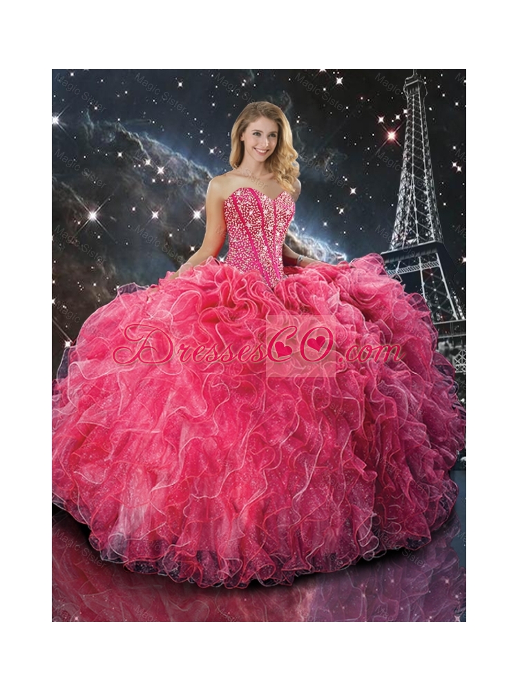 Winter Perfect Coral Red Quinceanera Dress with Beading and Ruffles