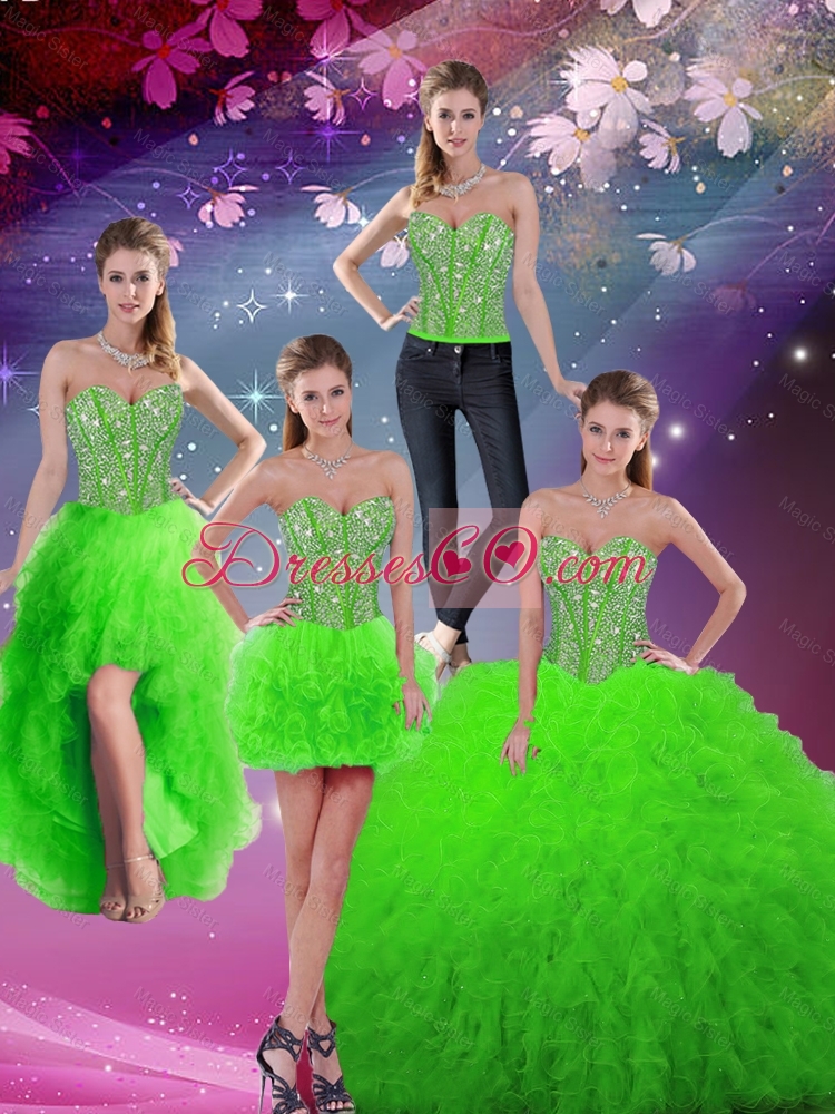 Beautiful Fall Floor Length Beaded Detachable Quinceanera Gowns in Spring Green