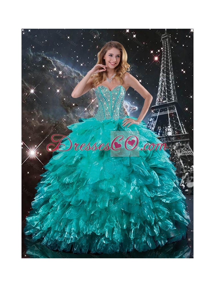 Classical Fall Brush Train Turquoise Quinceanera Dress with Beading and Ruffles