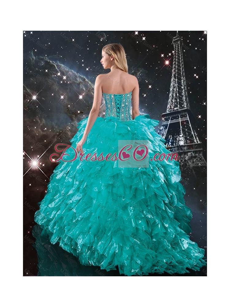 Classical Fall Brush Train Turquoise Quinceanera Dress with Beading and Ruffles