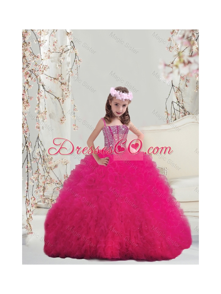 Lovely Spaghetti Hot Pink Mini Quinceanera Dress with Beading and Ruffles