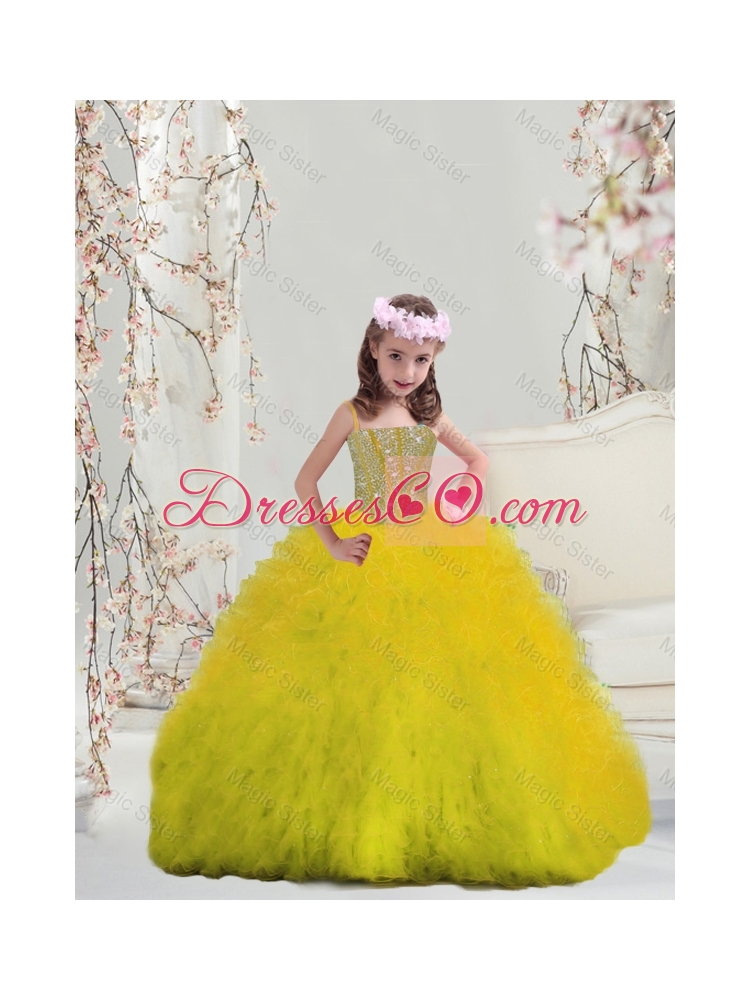 Suitable Yellow Spaghetti Mini Quinceanera  Dress with Beading and Ruffles