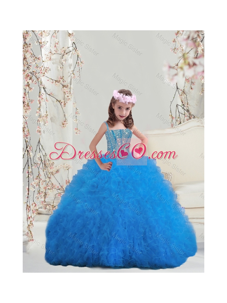 Perfect Spaghetti Teal Mini Quinceanera  Dress with Beading and Ruffles