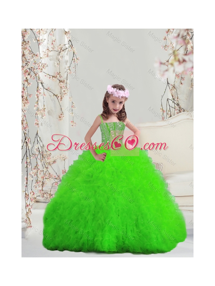 Suitable Spring Green Spaghetti Mini Quinceanera Dress with Beading and Ruffles